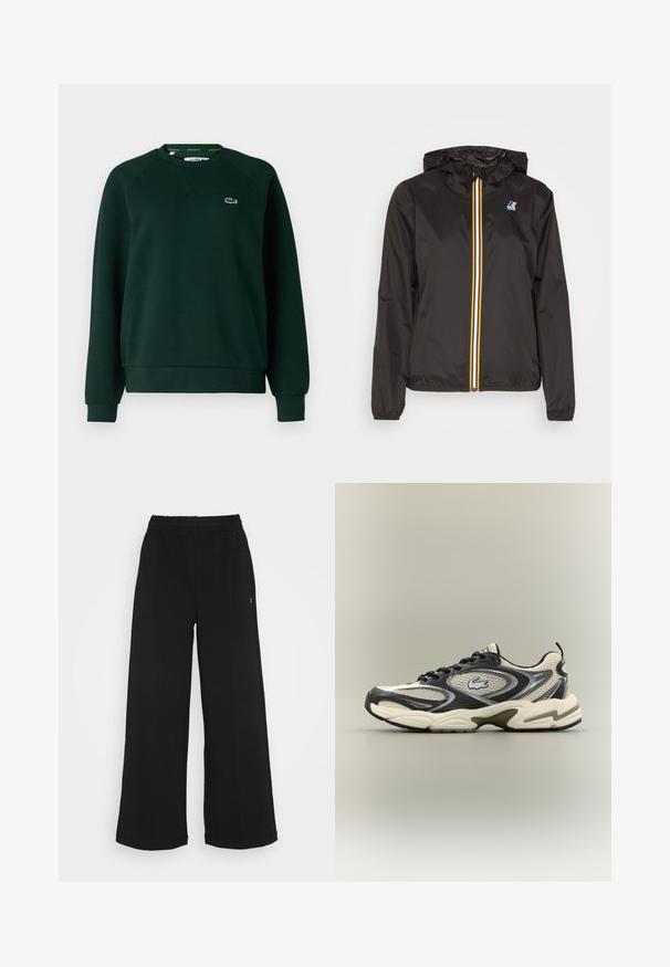 Fekete, könnyű dzseki kapucnival, középső cipzárral, piros, sárga és fehér csíkokkal, valamint logóval a bal mellen.; Lacoste Melegítőfelső - sinople; Fekete, bőszárú nadrág rugalmas derékrésszel. Puha, könnyű anyagból készült. Elülső részén vertikális varrásokkal rendelkezik.; Fekete és bézs hálós sportcipők párnázott bokával, texturált felsőrésszel és kiemelkedő logóval az oldalon. Elegáns dizájn, ívelt talppal.