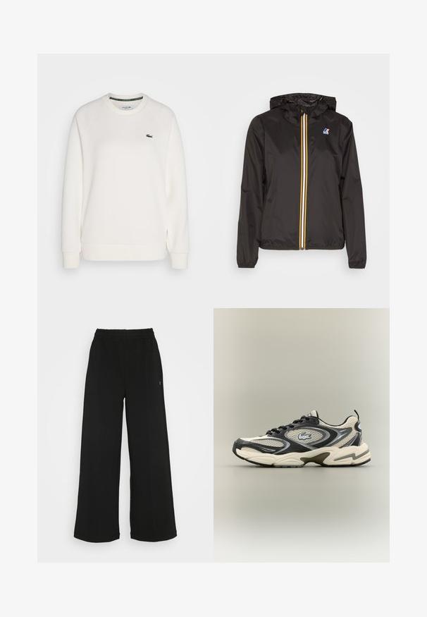 Black lightweight jacket with a hood, features a central zipper with red, yellow, and white stripes, and a logo on the left chest.; White cotton sweatshirt with ribbed cuffs and hem. Features a crew neck and green Lacoste branding on the collar. Classic fit.; Black wide-leg pants with an elastic waistband. Made from a soft, lightweight material. Features vertical seams along the front.; Black and beige mesh sneakers feature a padded collar, textured upper, and prominent logo on the side. Sleek design with curved sole.