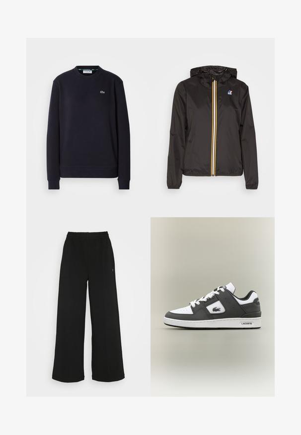 Črna lahka jakna z kapuco, ima osrednji zadrgo z rdečimi, rumenimi in belimi črtami ter logotipom na levi prsni strani.; Enosivna črna dolgosleeve Lacoste majica s krožnim izrezom, z vezenim zelenim krokodilom na levi prsni strani, na beli podlagi.; Črne široke hlače s elastičnim pasom. Narejene so iz mehkega, lahko materiala. Imajo vertikalne šive spredaj.; Črno-bele Lacoste superge z belimi vezalkami, perforirano konico, krokodilovim logotipom na strani in blagovno znamko na podplatu na nevtralni podlagi.