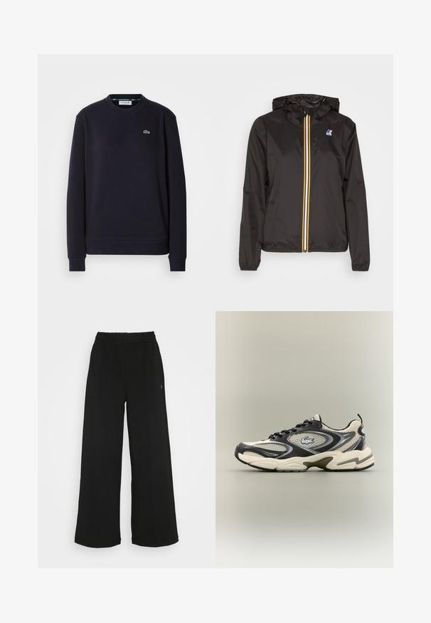 Fekete, könnyű dzseki kapucnival, középső cipzárral, piros, sárga és fehér csíkokkal, valamint logóval a bal mellen.; Fekete, hosszú ujjú Lacoste környakú pulóver, bal mellején zöld hímzett krokodillogóval, fehér háttér előtt.; Fekete, bőszárú nadrág rugalmas derékrésszel. Puha, könnyű anyagból készült. Elülső részén vertikális varrásokkal rendelkezik.; Fekete és bézs hálós sportcipők párnázott bokával, texturált felsőrésszel és kiemelkedő logóval az oldalon. Elegáns dizájn, ívelt talppal.