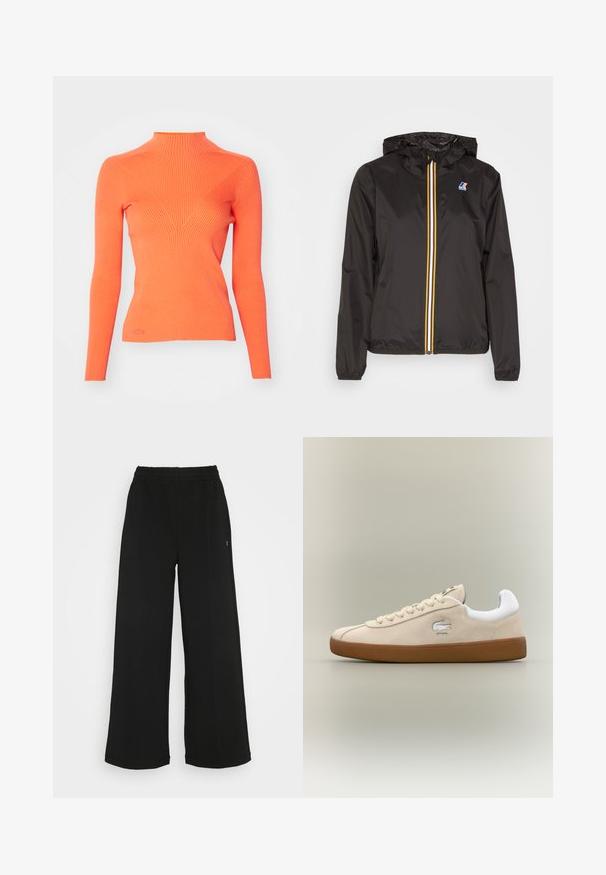 Melnā vieglā jaka ar cepuri, centrāla rāvējslēdzis ar sarkaniem, dzelteniem un baltiem svītrām, un logo uz kreisā krūšu kabatā.; Ribēta augstā apkakle džemperis spilgti oranžā krāsā, ar garām piedurknēm un pieguļošu siluetu, kuram priekšpusē ir V-veida dizains.; Melna kokvilnas T-krekls ar apaļu kakla izgriezumu, īsām piedurknēm un mazu zaļu izšūtu logotipu kreisajā krūtīs. Vienkāršs dizains.; Melni platās bikses ar elastīgu jostu. Izgatavotas no mīksta, viegla materiāla. Iezīmē vertikālas šuves gar priekšpusi.; Beige zamšas čības ar baltām akcentiem un gumijas zoli. Ir paaugstināts logo sānos un kontrastējošas beige krāsas šņores. Klasisks dizains.