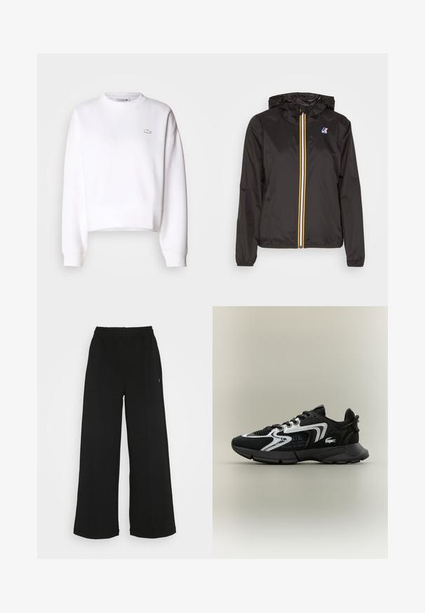 Svart lett jakke med hette, har en sentral glidelås med røde, gule og hvite striper, samt en logo på venstre bryst.; Hvit avkortet sweatshirt, bomullsmiks, rund hals, lange ermer, ribbestrikkede mansjetter, med en liten Lacoste-logo på brystet.; Svarte vide bukser med elastisk midjebånd. Laget av et mykt og lett materiale. Har vertikale sømmer langs fronten.; Svarte sportsko med nettpaneler, sølvdetaljer og teksturerte svarte overlegg. Har lisser og en buet, robust såle.