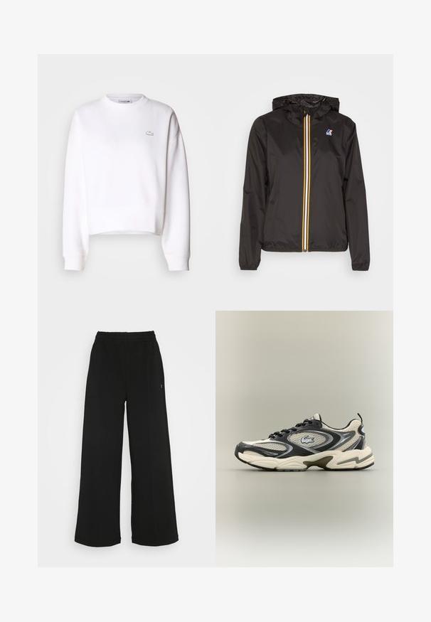 Melnā vieglā jaka ar cepuri, centrāla rāvējslēdzis ar sarkaniem, dzelteniem un baltiem svītrām, un logo uz kreisā krūšu kabatā.; Balts īsais džemperis, kokvilnas maisījums, apaļš dekoltē, garas piedurknes, ribotie aproces, ar nelielu Lacoste logo uz krūtīm.; Melni platās bikses ar elastīgu jostu. Izgatavotas no mīksta, viegla materiāla. Iezīmē vertikālas šuves gar priekšpusi.; Melnas un bēšas režģa kedas ar mīkstinātu apkakli, teksturētu augšdaļu un izteiktu logo uz sāna. Sleek dizains ar izliekta zoli.