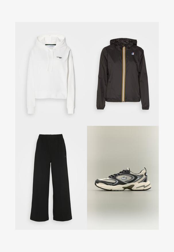 Giacca leggera nera con cappuccio, dotata di una zip centrale con strisce rosse, gialle e bianche, e un logo sul petto sinistro.; Felpa bianca in tessuto morbido con tasca a marsupio, cappuccio con cordino e logo ricamato verde sul petto. Presenta polsini a coste.; Pantaloni neri a gamba larga con vita elasticizzata. Realizzati in un materiale morbido e leggero. Presentano cuciture verticali sul davanti.; Le sneakers in mesh nere e beige presentano un collare imbottito, una parte superiore testurizzata e un logo prominente sul lato. Design elegante con suola curva.