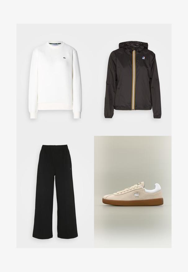 Fekete, könnyű dzseki kapucnival, középső cipzárral, piros, sárga és fehér csíkokkal, valamint logóval a bal mellen.; Fehér, pamutkeverékből készült pulóver, kerek nyakkivágással, bordázott mandzsettákkal és egy kis zöld logóval a mellrészen. Simább textúra.; Fekete, bőszárú nadrág rugalmas derékrésszel. Puha, könnyű anyagból készült. Elülső részén vertikális varrásokkal rendelkezik.; Beige velúr sportcipő fehér részletekkel és gumitalppal. Oldalán kiemelkedő logóval és kontrasztos bézs fűzőkkel rendelkezik. Klasszikus dizájn.