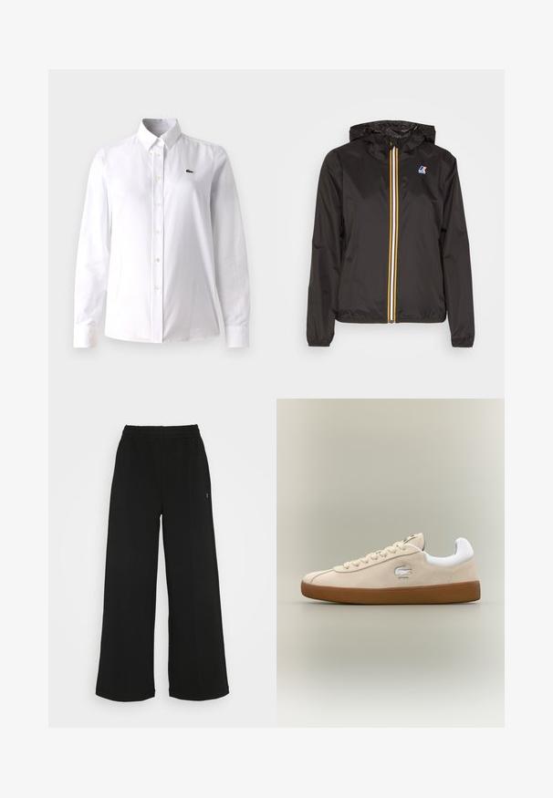 Chaqueta ligera negra con capucha, presenta una cremallera central con rayas rojas, amarillas y blancas, y un logo en el lado izquierdo del pecho.; Camisa blanca de botón hecha de algodón, con un cuello clásico, mangas largas y un pequeño logo verde en el lado izquierdo del pecho.; Pantalones anchos negros con una cintura elástica. Están hechos de un material suave y ligero. Presentan costuras verticales en la parte delantera.; Zapatillas de ante beige con acentos blancos y suela de goma. Presentan un logo elevado en el lateral y cordones beige en contraste. Diseño clásico.