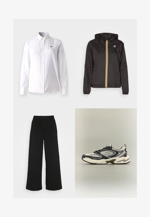 Giacca leggera nera con cappuccio, dotata di una zip centrale con strisce rosse, gialle e bianche, e un logo sul petto sinistro.; Camicia bianca in cotone, con colletto classico, maniche lunghe e un piccolo logo verde sul lato sinistro del petto.; Pantaloni neri a gamba larga con vita elasticizzata. Realizzati in un materiale morbido e leggero. Presentano cuciture verticali sul davanti.; Le sneakers in mesh nere e beige presentano un collare imbottito, una parte superiore testurizzata e un logo prominente sul lato. Design elegante con suola curva.