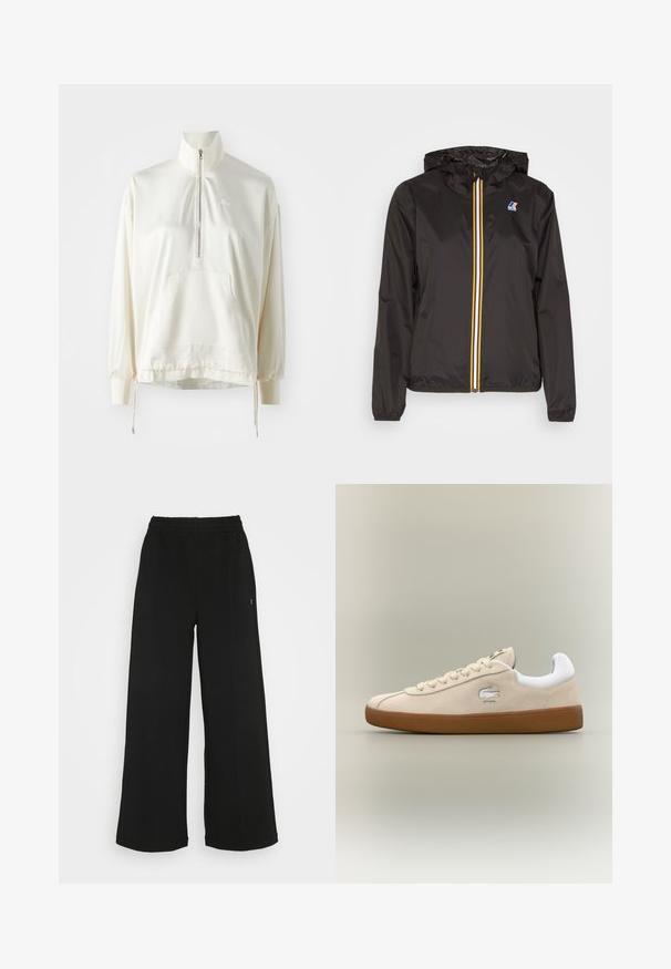 Sort letvægtsjakke med hætte, har en central lynlås med røde, gule og hvide striber, samt et logo på venstre bryst.; Lyscremet kvart-zip pullover med en frontlomme, snoretræk i kanten og broderet logo i matchende farve på brystet. Blødt stoftekstur.; Sorte brede bukser med elastisk talje. Fremstillet af et blødt, let materiale. Har lodrette syninger foran.; Beige ruskinds sneakers med hvide detaljer og gummisål. Har et hævet logo på siden og kontrasterende beige snørebånd. Klassisk design.