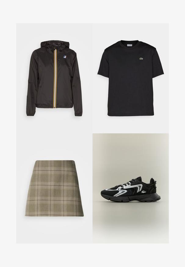 Černá lehká bunda s kapucí, která má centrální zip s červenými, žlutými a bílými pruhy, a logem na levém prsu.; Černé bavlněné tričko s kulatým výstřihem, krátkými rukávy a malým zeleným vyšitým logem na levé hrudi. Jednoduchý design.; Kostkovaná minisukně v olivově zelené a béžové barvě, s rovnou siluetou, jemnou texturou a malým logem umístěným blízko pasu.; Černé sportovní boty s mesh panely, stříbrnými akcenty a texturovanými černými překryvy. Obsahují šňůrky a zakřivenou, robustní podešev.