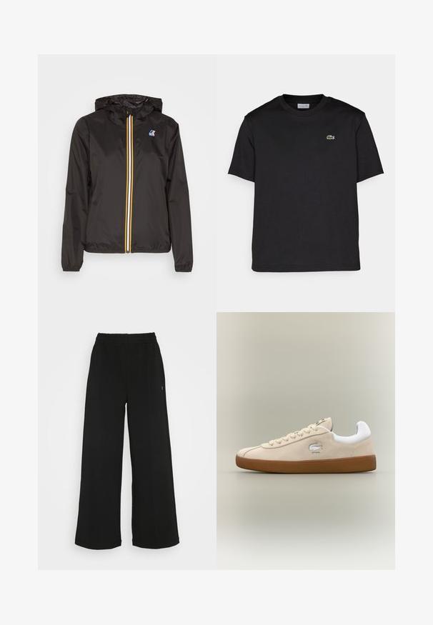 Czarna, lekka kurtka z kapturem, z centralnym zamkiem błyskawicznym z czerwonymi, żółtymi i białymi paskami oraz logo na lewym piersi.; Czarny bawełniany t-shirt z okrągłym dekoltem, krótkimi rękawami i małym, zielonym haftowanym logo po lewej stronie klatki piersiowej. Prosty design.; Czarne spodnie o szerokich nogawkach z elastycznym pasem. Wykonane z miękkiego, lekkiego materiału. Posiada pionowe szwy na przodzie.; Beżowe zamszowe sneakersy z białymi akcentami i gumową podeszwą. Posiadają podniesione logo z boku oraz kontrastujące beżowe sznurowadła. Klasyczny design.