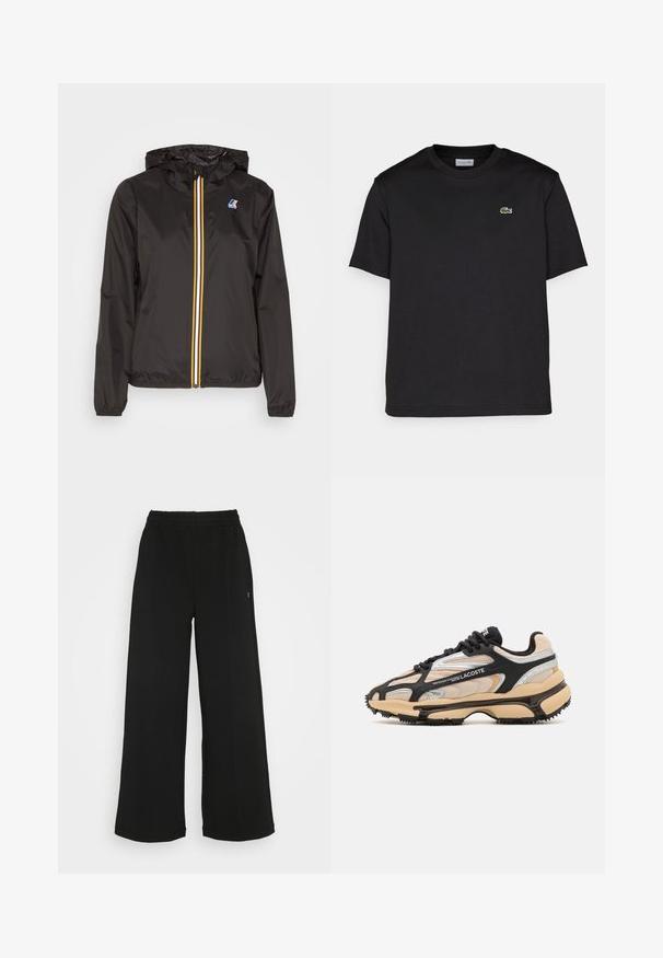 Černá lehká bunda s kapucí, která má centrální zip s červenými, žlutými a bílými pruhy, a logem na levém prsu.; Černé bavlněné tričko s kulatým výstřihem, krátkými rukávy a malým zeleným vyšitým logem na levé hrudi. Jednoduchý design.; Černé široké kalhoty s elastickým pasem. Vyrobené z měkkého, lehkého materiálu. Obsahují vertikální švy na přední straně.; Tenisky Lacoste kombinující černé, béžové a stříbrné materiály, texturovaný svršek a masivní gumovou podrážku s výrazným vzorkem.