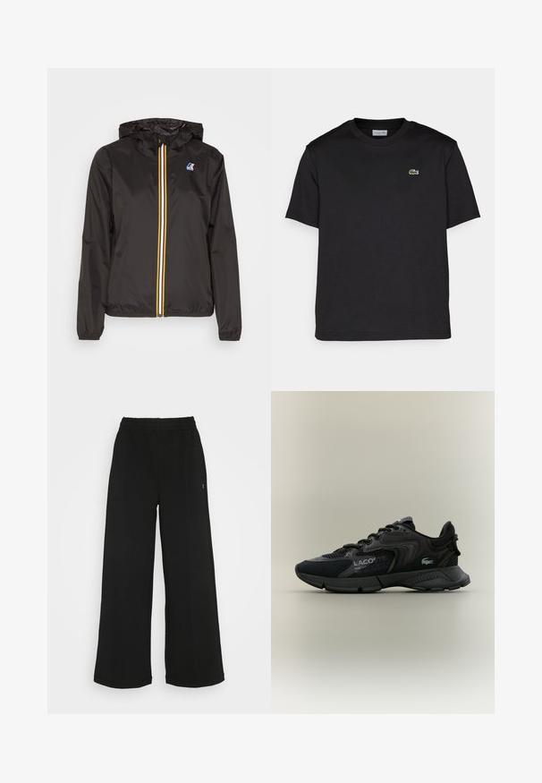 Černá lehká bunda s kapucí, která má centrální zip s červenými, žlutými a bílými pruhy, a logem na levém prsu.; Černé bavlněné tričko s kulatým výstřihem, krátkými rukávy a malým zeleným vyšitým logem na levé hrudi. Jednoduchý design.; Černé široké kalhoty s elastickým pasem. Vyrobené z měkkého, lehkého materiálu. Obsahují vertikální švy na přední straně.; Černé sportovní tenisky z mřížkového a syntetického materiálu, s texturovanými akcenty, šněrovacím designem a výrazným logem na boku.