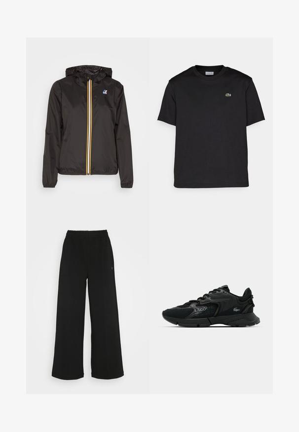 Fekete, könnyű dzseki kapucnival, középső cipzárral, piros, sárga és fehér csíkokkal, valamint logóval a bal mellen.; Fekete pamut póló kerek nyakkal, rövid ujjal és egy apró zöld hímzett logóval a bal mellrészen. Egyszerű dizájn.; Fekete, bőszárú nadrág rugalmas derékrésszel. Puha, könnyű anyagból készült. Elülső részén vertikális varrásokkal rendelkezik.; Fekete sportcipők hálós felsőrésszel, textúrált részletekkel és fűzőkkel. Párnázott bokarészt és gumitalpat tartalmaz, ami biztosítja a tapadást és a tartósságot.