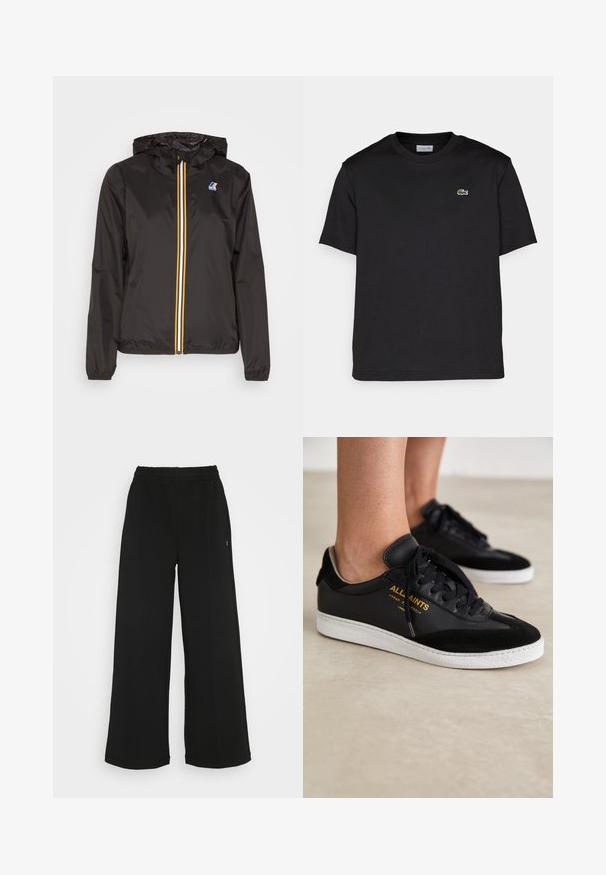 Melnā vieglā jaka ar cepuri, centrāla rāvējslēdzis ar sarkaniem, dzelteniem un baltiem svītrām, un logo uz kreisā krūšu kabatā.; Melna kokvilnas T-krekls ar apaļu kakla izgriezumu, īsām piedurknēm un mazu zaļu izšūtu logotipu kreisajā krūtīs. Vienkāršs dizains.; Melni platās bikses ar elastīgu jostu. Izgatavotas no mīksta, viegla materiāla. Iezīmē vertikālas šuves gar priekšpusi.; Melni ādas un zamšādas sporta apavi ar baltām gumijas zoles. Iekļauti tonālie šņores un zelta logo detaļas sānos. Plakana dizaina.