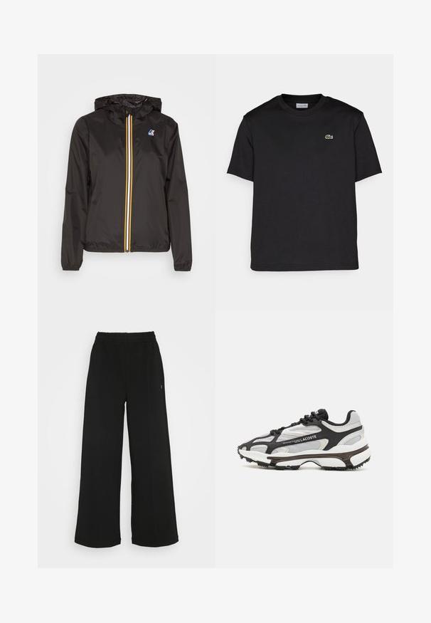 Black lightweight jacket with a hood, features a central zipper with red, yellow, and white stripes, and a logo on the left chest.; Black cotton t-shirt with a round neckline, short sleeves, and a small green embroidered logo on the left chest. Simple design.; Black wide-leg pants with an elastic waistband. Made from a soft, lightweight material. Features vertical seams along the front.; Gray and black lace-up sneaker with mesh and synthetic materials, featuring layered design, textured accents, and a ridged rubber sole.