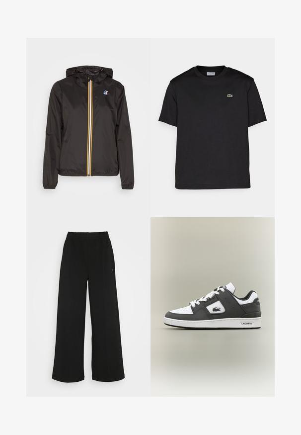 Casaco leve preto com capuz, apresenta um fecho central com riscas vermelha, amarela e branca, e um logotipo no lado esquerdo do peito.; T-shirt de algodão preta com decote redondo, mangas curtas e um pequeno logo verde bordado no lado esquerdo do peito. Design simples.; Calças largas pretas com uma cintura elástica. Feitas de um material suave e leve. Apresenta costuras verticais na parte da frente.; Sapatilha Lacoste em preto e branco com atacadores brancos, biqueira perfurada, logótipo de crocodilo na lateral e sola com marca em fundo neutro.