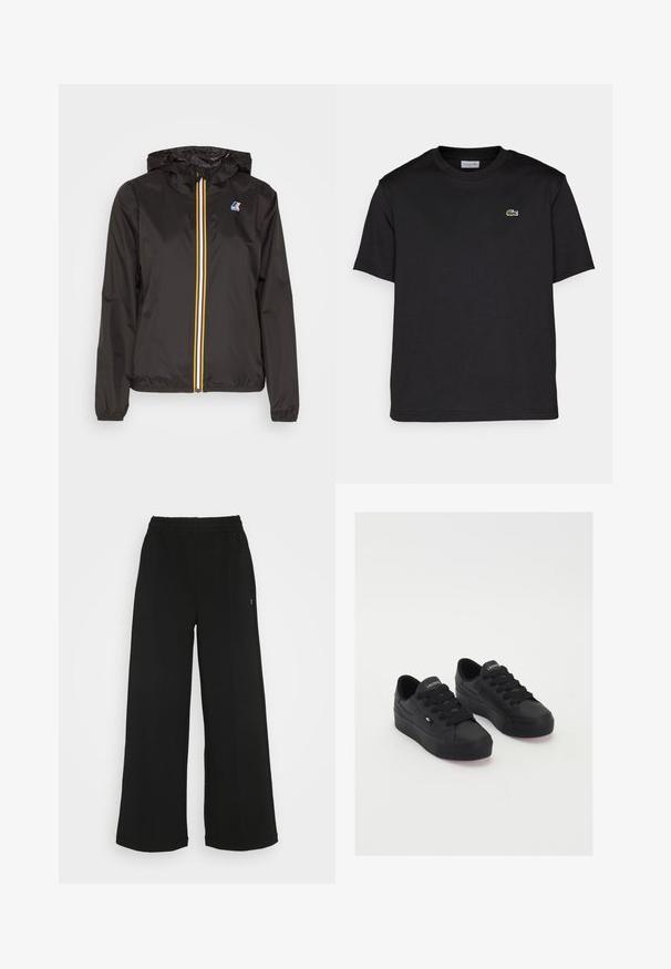 Czarna, lekka kurtka z kapturem, z centralnym zamkiem błyskawicznym z czerwonymi, żółtymi i białymi paskami oraz logo na lewym piersi.; Czarny bawełniany t-shirt z okrągłym dekoltem, krótkimi rękawami i małym, zielonym haftowanym logo po lewej stronie klatki piersiowej. Prosty design.; Czarne spodnie o szerokich nogawkach z elastycznym pasem. Wykonane z miękkiego, lekkiego materiału. Posiada pionowe szwy na przodzie.; Czarne niskie sneakersy wykonane z gładkiego materiału, z grubymi sznurowadłami, teksturowaną podeszwą oraz małym logo po boku i na języku.