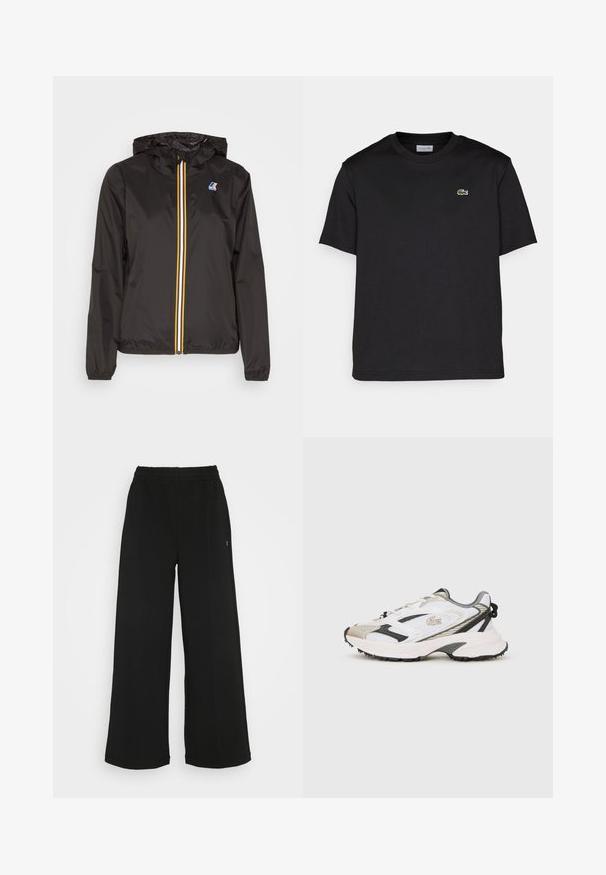 Czarna, lekka kurtka z kapturem, z centralnym zamkiem błyskawicznym z czerwonymi, żółtymi i białymi paskami oraz logo na lewym piersi.; Czarny bawełniany t-shirt z okrągłym dekoltem, krótkimi rękawami i małym, zielonym haftowanym logo po lewej stronie klatki piersiowej. Prosty design.; Czarne spodnie o szerokich nogawkach z elastycznym pasem. Wykonane z miękkiego, lekkiego materiału. Posiada pionowe szwy na przodzie.; Białe i szare sneakersy z siateczkową cholewką, czarnymi akcentami i teksturowaną podeszwą. Zawierają sznurowadła, branding oraz kontrastujące elementy designu.