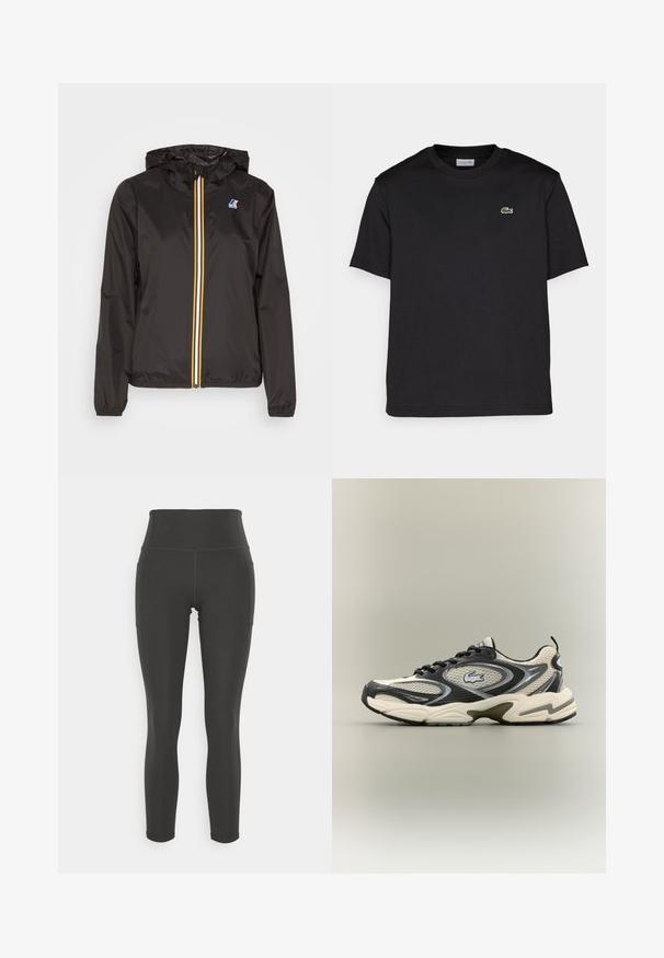 Casaco leve preto com capuz, apresenta um fecho central com riscas vermelha, amarela e branca, e um logotipo no lado esquerdo do peito.; T-shirt de algodão preta com decote redondo, mangas curtas e um pequeno logo verde bordado no lado esquerdo do peito. Design simples.; Leggings negras de cintura alta feitas de um tecido elástico com textura suave; apresentam bolsos laterais e costuras planas para maior conforto.; Os ténis de malha pretos e bege apresentam um colarinho almofadado, um superior texturizado e um logótipo proeminente de lado. Design elegante com sola curva.