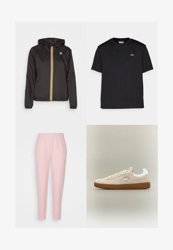 Μαύρο ελαφρύ μπουφάν με κουκούλα, διαθέτει κεντρικό φερμουάρ με κόκκινες, κίτρινες και λευκές ρίγες και λογότυπο στο αριστερό στήθος.; Μαύρη βαμβακερή μπλούζα με στρογγυλή λαιμόκοψη, κοντά μανίκια και μικρό πράσινο κεντημένο λογότυπο στη αριστερή πλευρά του στήθους. Απλή σχεδίαση.; Ροζ αθλητικά παντελόνια από μαλακό ύφασμα, με ελαστική μέση και κωνικές γραμμές στα πόδια, περιλαμβάνοντας μια μικρή λεπτομέρεια λογότυπου στο πλάι.; Μπεζ σουέτ αθλητικά παπούτσια με λευκές λεπτομέρειες και καουτσούκ σόλα. Διαθέτουν ανάγλυφο λογότυπο στο πλάι και αντίθετες μπεζ κορδόνες. Κλασικός σχεδιασμός.