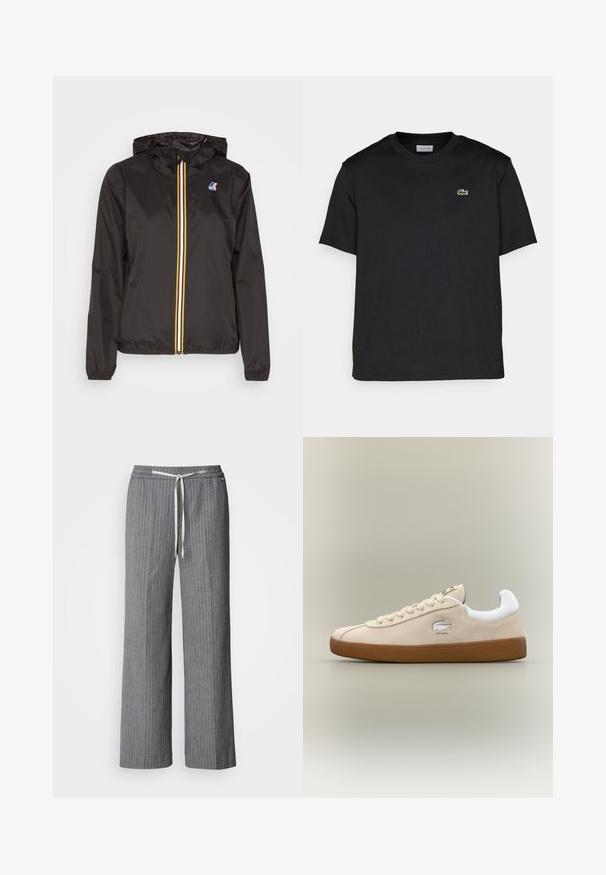 Černá lehká bunda s kapucí, která má centrální zip s červenými, žlutými a bílými pruhy, a logem na levém prsu.; Černé bavlněné tričko s kulatým výstřihem, krátkými rukávy a malým zeleným vyšitým logem na levé hrudi. Jednoduchý design.; Šedé široké kalhoty s proužkem vyrobené z texturované látky. Mají elastický pas s krémovým šňůrkou.; Béžové semišové tenisky s bílými akcenty a gumovou podrážkou. Vybaveny vyvýšeným logem na boku a kontrastními béžovými tkaničkami. Klasický design.