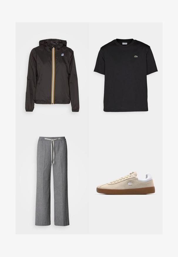 Black lightweight jacket with a hood, features a central zipper with red, yellow, and white stripes, and a logo on the left chest.; Black cotton t-shirt with a round neckline, short sleeves, and a small green embroidered logo on the left chest. Simple design.; Gray pinstriped wide-leg trousers made from textured fabric. Features an elastic waistband with a cream drawstring.; Beige suede sneakers with a white leather heel and rubber gum sole. Features laces and a crocodile logo on the side. Simple design.