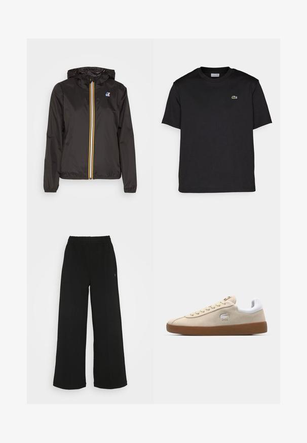 Črna lahka jakna z kapuco, ima osrednji zadrgo z rdečimi, rumenimi in belimi črtami ter logotipom na levi prsni strani.; Črna bombažna majica s krožnim izrezom, kratkimi rokavi in majhnim zelenim vezenim logotipom na levem prsnem delu. Preprost dizajn.; Črne široke hlače s elastičnim pasom. Narejene so iz mehkega, lahko materiala. Imajo vertikalne šive spredaj.; Bež usnjeni copati s belim usnjenim petnim delom in gumijastim podplatom. Imajo vezalke in krokodilovo logo ob strani. Preprost dizajn.