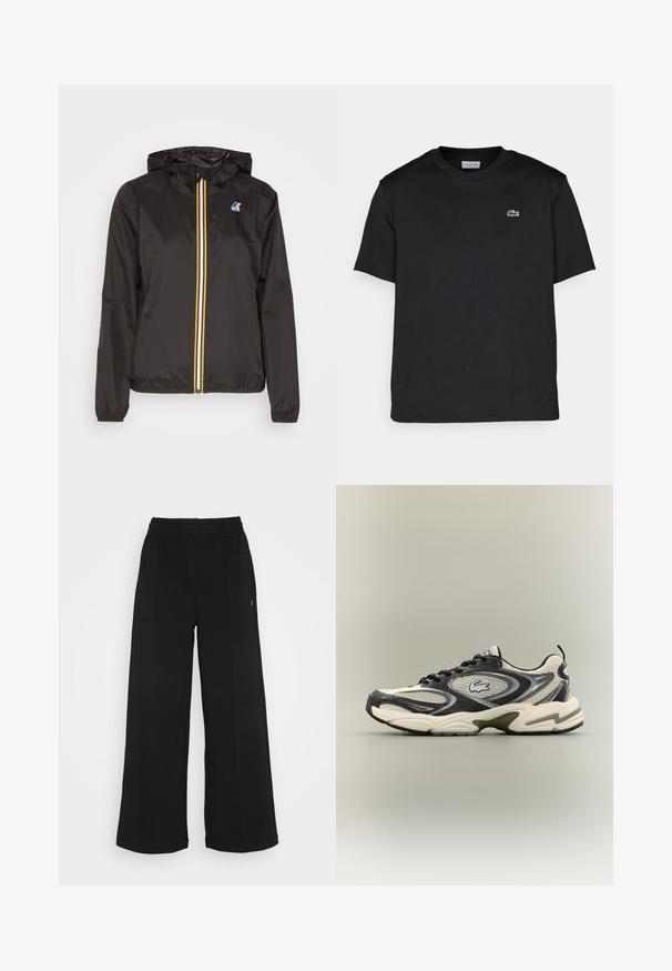 Svart lett jakke med hette, har en sentral glidelås med røde, gule og hvite striper, samt en logo på venstre bryst.; Svart bomull T-skjorte med rund hals, korte ermer og en liten grønn brodert logo på venstre bryst. Enkelt design.; Svarte vide bukser med elastisk midjebånd. Laget av et mykt og lett materiale. Har vertikale sømmer langs fronten.; Svart og beige mesh joggesko har en polstret krage, teksturert overdel og en fremtredende logo på siden. Strømlinjeformet design med buet såle.