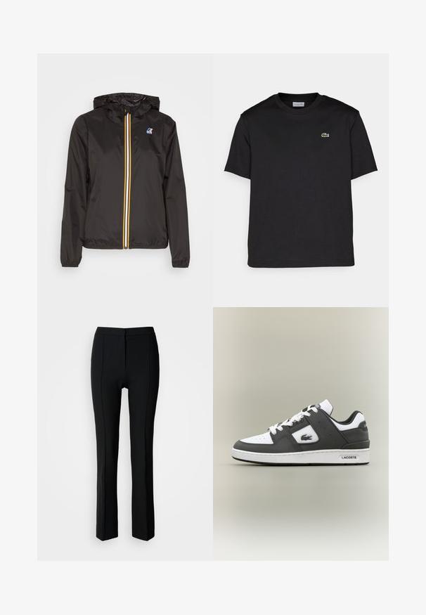 Svart lett jakke med hette, har en sentral glidelås med røde, gule og hvite striper, samt en logo på venstre bryst.; Svart bomull T-skjorte med rund hals, korte ermer og en liten grønn brodert logo på venstre bryst. Enkelt design.; Sorte bukser med tilpasset pasform, der har en glat tekstur, lige ben-design og diskret detaljeret syning foran.; Svart og hvit Lacoste-sneaker med hvite snøringer, perforert tå, krokodillelogo på siden, og merket såle på en nøytral bakgrunn.