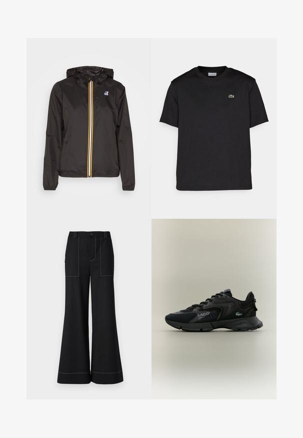 Juoda lengva striukė su kapišonu, su centriniu užtrauktuku, papuošta raudonomis, geltonomis ir baltomis juostelėmis, ir logotipu kairiajame krūtinės regione.; Juodas medvilnės marškinėlis su apykakle, trumpomis rankovėmis ir maža žalia siuvinėta logotipu kairėje krūtinės pusėje. Paprastas dizainas.; Juodos plačios kojų kelnės su matomais baltais siūlais, su užsegimu mygtuku ir dviem priekinėmis kišenėmis. Lygus audinys su pritaikytu dizainu.; Juoda sportinė sneaker kalba su tinklelio ir sintetinėmis medžiagomis, tekstūruotais akcentais, raištelių dizainu ir ryškiu logotipu šone.