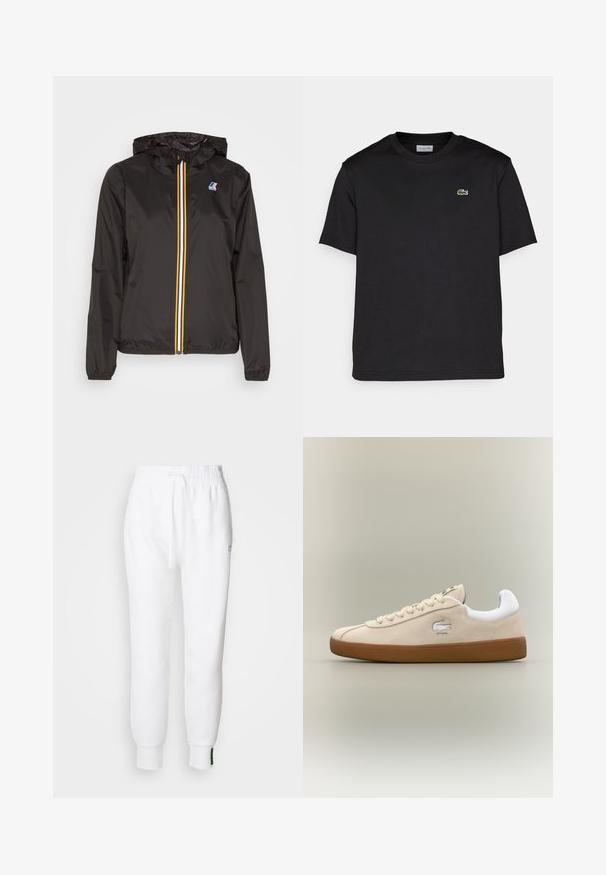 Μαύρο ελαφρύ μπουφάν με κουκούλα, διαθέτει κεντρικό φερμουάρ με κόκκινες, κίτρινες και λευκές ρίγες και λογότυπο στο αριστερό στήθος.; Μαύρη βαμβακερή μπλούζα με στρογγυλή λαιμόκοψη, κοντά μανίκια και μικρό πράσινο κεντημένο λογότυπο στη αριστερή πλευρά του στήθους. Απλή σχεδίαση.; Λευκά παντελόνια jogger με ελαστική μέση και κορδόνι, διαθέτουν λοξές τσέπες και ριμπ μανσέτες. Μαλακό ύφασμα με κεντημένο λογότυπο.; Μπεζ σουέτ αθλητικά παπούτσια με λευκές λεπτομέρειες και καουτσούκ σόλα. Διαθέτουν ανάγλυφο λογότυπο στο πλάι και αντίθετες μπεζ κορδόνες. Κλασικός σχεδιασμός.