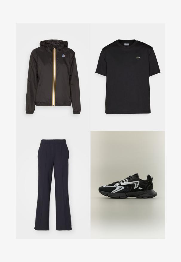 Črna lahka jakna z kapuco, ima osrednji zadrgo z rdečimi, rumenimi in belimi črtami ter logotipom na levi prsni strani.; Črna bombažna majica s krožnim izrezom, kratkimi rokavi in majhnim zelenim vezenim logotipom na levem prsnem delu. Preprost dizajn.; Lacoste Spodnji deli trenirk - abysm; Črne atletske čevlje z mrežnimi paneli, srebrnimi akcenti in teksturiranimi črnimi prekritji. Imajo vezalke in ukrivljen, trpežen podplat.