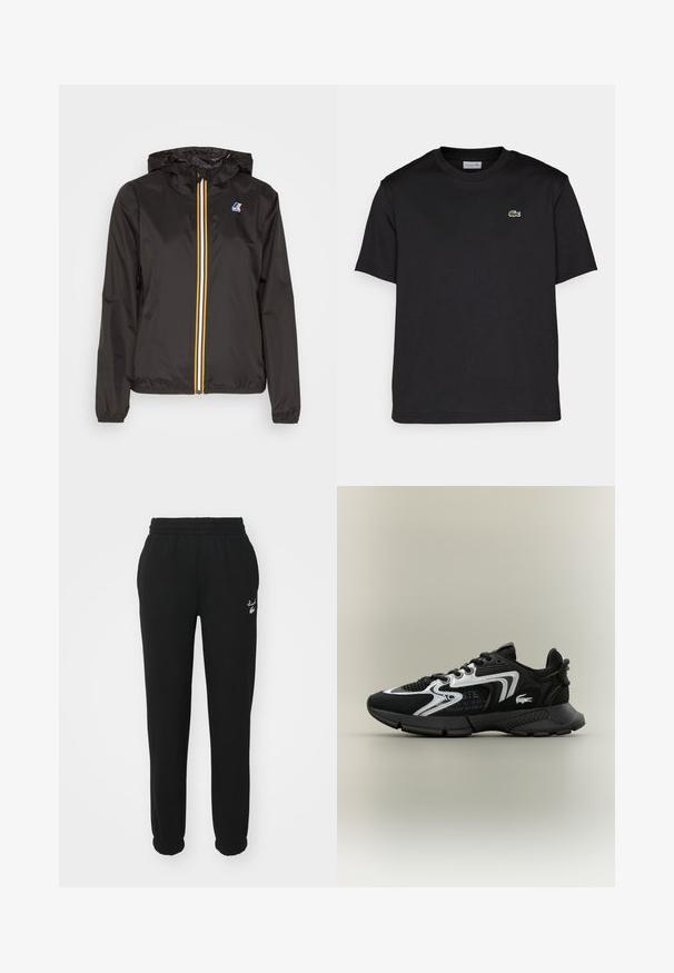 Svart lett jakke med hette, har en sentral glidelås med røde, gule og hvite striper, samt en logo på venstre bryst.; Svart bomull T-skjorte med rund hals, korte ermer og en liten grønn brodert logo på venstre bryst. Enkelt design.; Sorte joggebukser med elastisk midje, tettsittende mansjetter og en hvit logo på venstre side. Laget av et mykt, teksturert materiale.; Svarte sportsko med nettpaneler, sølvdetaljer og teksturerte svarte overlegg. Har lisser og en buet, robust såle.