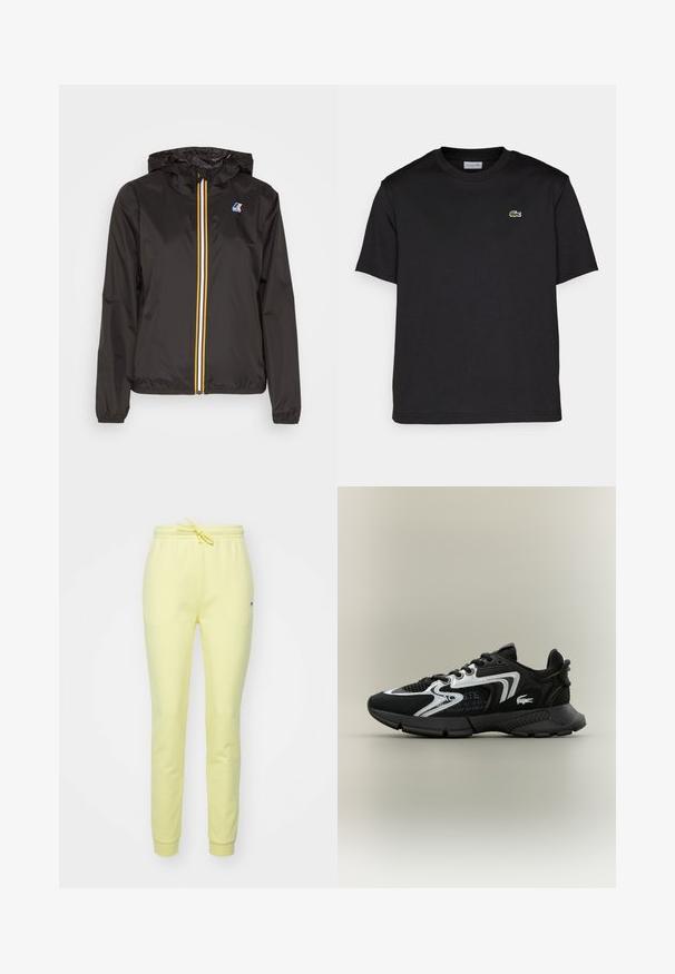 Svart lättviktsjacka med huva, har en central dragkedja med röda, gula och vita ränder, samt en logotyp på vänster bröst.; Svart bomullströja med rund halsringning, korta ärmar och en liten grön broderad logotyp på vänster bröst. Enkelt design.; Ljusgula sweatpants med elastisk midja, justerbar dragsko och tapered ben. Har en liten logotyp på sidan.; Svarta sportskor med meshnätpaneler, silveraccenter och texturerade svarta överdrag. Har snören och en böjd, robust sula.