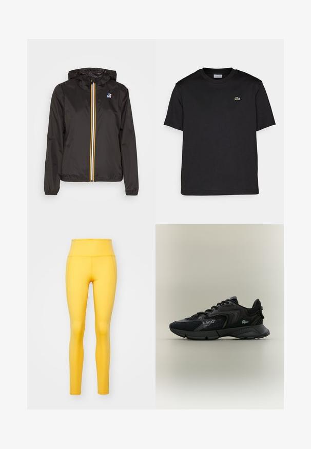 Zwarte lichtgewicht jacket met een capuchon, heeft een centrale rits met rode, gele en witte strepen, en een logo op de linkerkant van de borst.; Zwart katoenen t-shirt met een ronde halslijn, korte mouwen en een klein groen geborduurd logo op de linkerborst. Eenvoudig ontwerp.; Girlfriend Collective COMPRESSIVE HIGH RISE LEGGING LONG - Tights - golden glow; Zwarte sportieve sneaker van mesh en synthetische materialen, met textuuraccenten, vetersluiting en een opvallend logo op de zijkant.