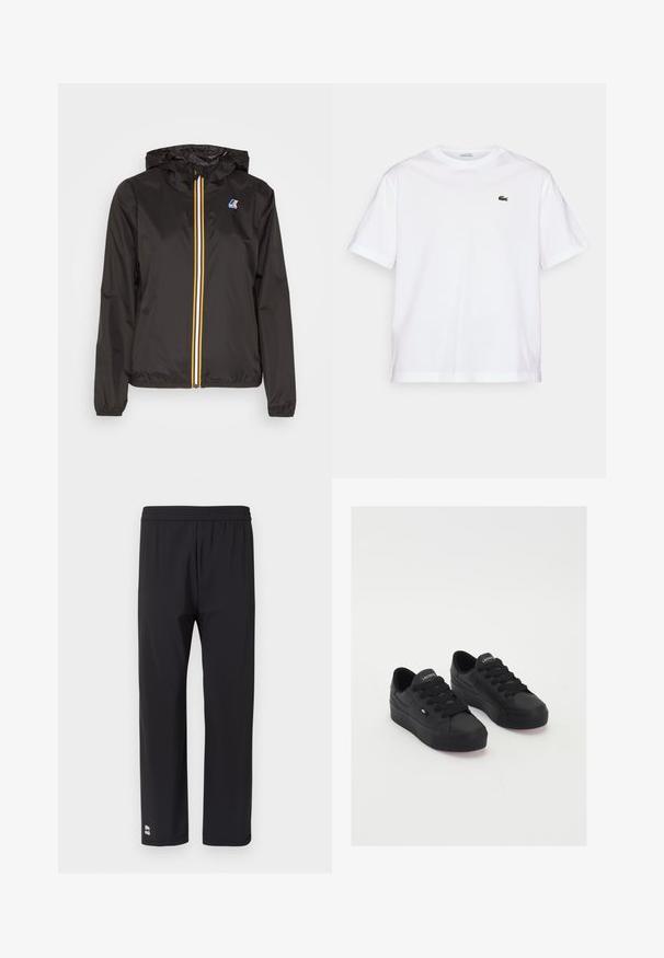Czarna, lekka kurtka z kapturem, z centralnym zamkiem błyskawicznym z czerwonymi, żółtymi i białymi paskami oraz logo na lewym piersi.; Biała bawełniana koszulka z okrągłym dekoltem i krótkimi rękawami. Posiada zielone haftowane logo na piersi. Miękka tekstura, luźny krój.; Czarne spodnie sportowe z elastycznym pasem, prostym krojem nogawek, gładką fakturą oraz małym logo na dolnym lewym obszyciu.; Czarne niskie sneakersy wykonane z gładkiego materiału, z grubymi sznurowadłami, teksturowaną podeszwą oraz małym logo po boku i na języku.