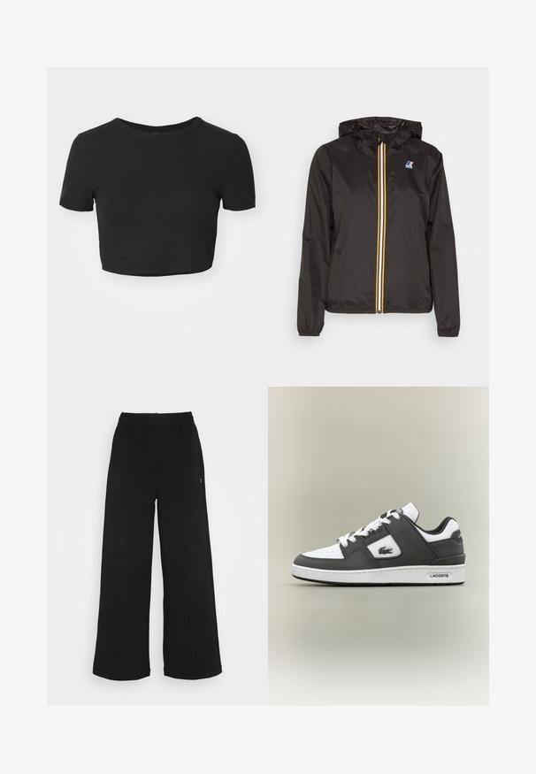 Černá lehká bunda s kapucí, která má centrální zip s červenými, žlutými a bílými pruhy, a logem na levém prsu.; Černé zkrácené tričko vyrobené z ribkované tkaniny. Má krátké rukávy a kulatý výstřih. Měkká struktura s obepínajícím střihem.; Černé široké kalhoty s elastickým pasem. Vyrobené z měkkého, lehkého materiálu. Obsahují vertikální švy na přední straně.; Černobílé tenisky Lacoste s bílými šňůrkami, perforovanou špičkou, krokodýlím logem na boku a značkovou podrážkou na neutrálním pozadí.