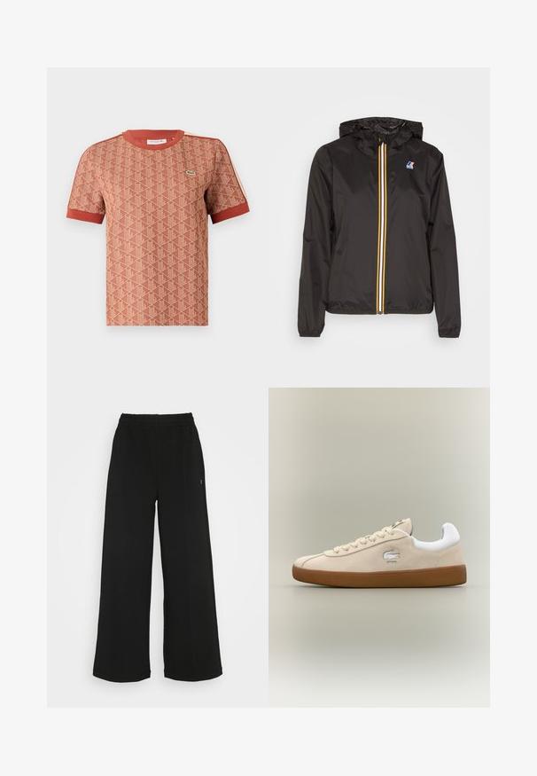 Svart lättviktsjacka med huva, har en central dragkedja med röda, gula och vita ränder, samt en logotyp på vänster bröst.; Kortärmad t-shirt i terrakotta med ett strukturerat geometriskt mönster, ribbat rundhals, och kontrasterande röda detaljer på ärmarna.; Svarta vida byxor med elastisk midja. Tillverkade av ett mjukt, lätt material. Har vertikala sömmar fram.; Beige mocka sneakers med vita detaljer och gummisula. Har en upphöjd logotyp på sidan och kontrasterande beige snören. Klassisk design.