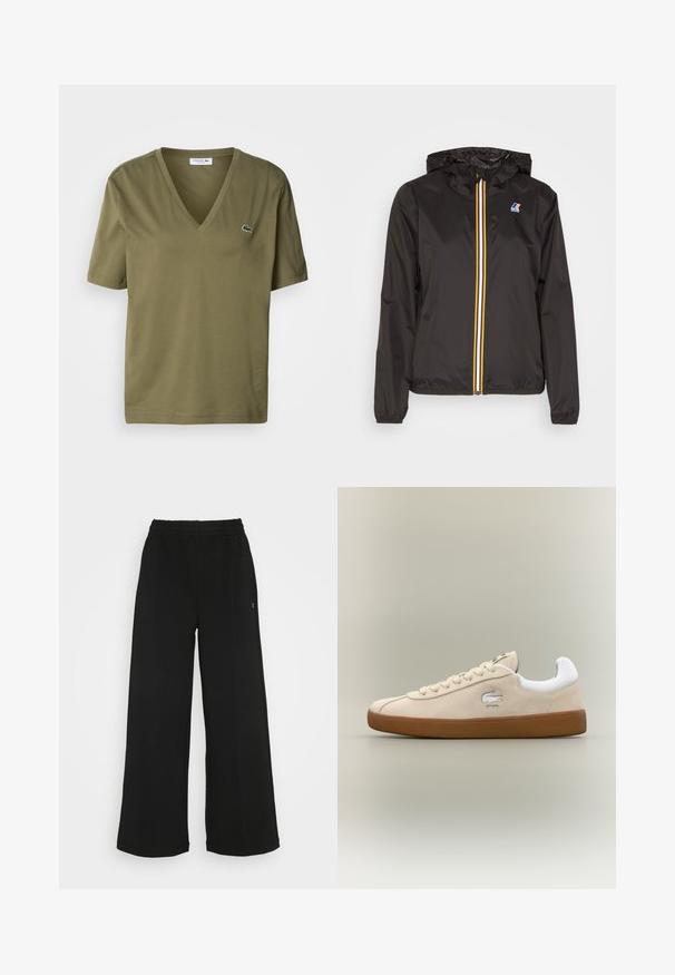 Juoda lengva striukė su kapišonu, su centriniu užtrauktuku, papuošta raudonomis, geltonomis ir baltomis juostelėmis, ir logotipu kairiajame krūtinės regione.; Alyvuogių spalvos medvilnės marškinėliai su V formos iškirpte ir trumpomis rankovėmis. Kairėje krūtinės pusėje yra mažas siuvinėjamas krokodilo logotipas.; Juodi plačios kojų kelnės su elastinga liemene. Pagamintos iš minkštos, lengvos medžiagos. Yra vertikalūs siūlai priekyje.; Bežiniai zomšiniai sportbačiai su baltais akcentais ir guminiais padais. Šone yra iškilęs logotipas ir kontrastinės bežinės raišteliai. Klasikinis dizainas.