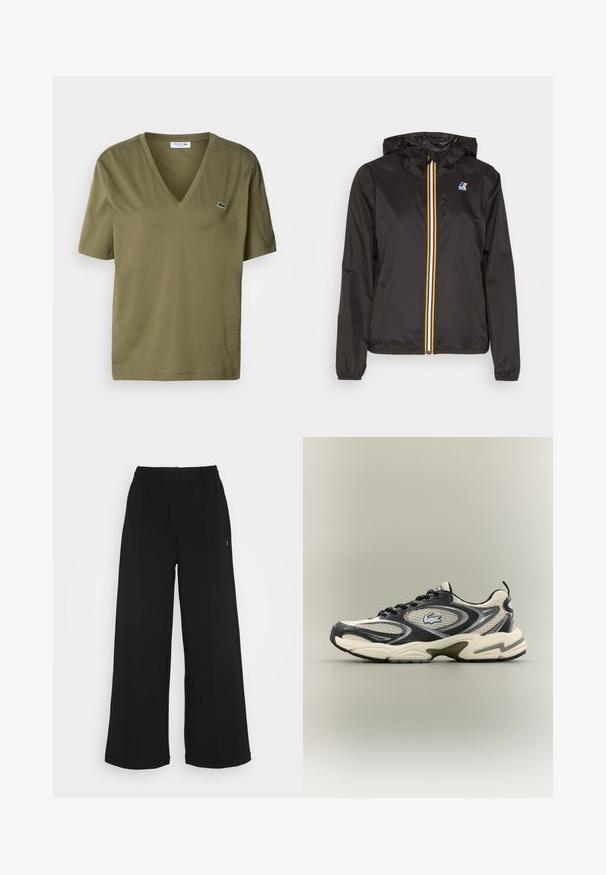 Jachetă ușoară neagră cu glugă, cu un fermoar central și dungi roșii, galbene și albe, și un logo pe partea stângă a pieptului.; Cămașă din bumbac de culoare verde măslin, cu design în formă de V și mâneci scurte. Prezintă un mic logo brodat cu un crocodil pe pieptul stâng.; Pantaloni negri cu picioare largi, cu un cordon elastic la talie. Realizați dintr-un material moale și ușor. Prezintă cusături verticale pe față.; Adidașii din plasă negri și bej au un guler căptușit, un superior texturat și un logo proeminent pe lateral. Design elegant cu o talpă curbată.
