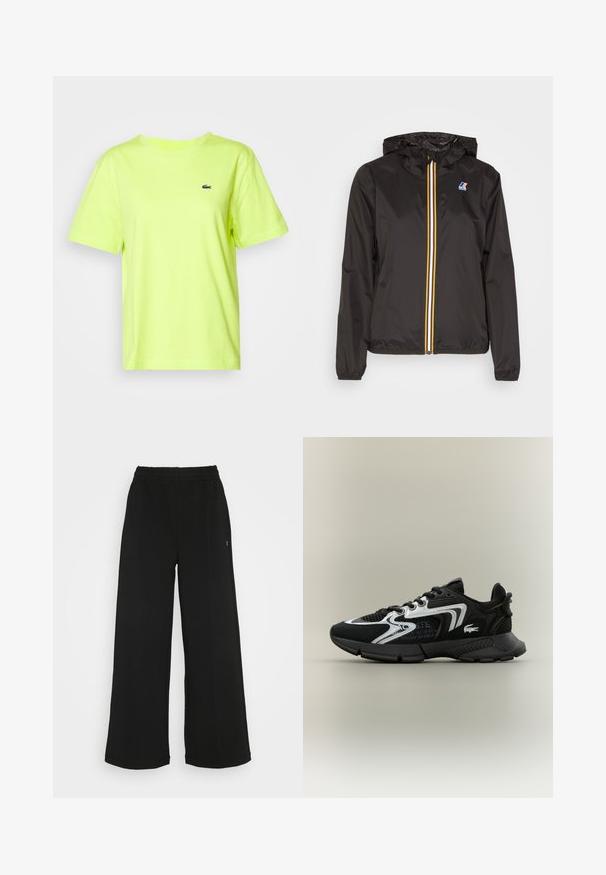 Sort letvægtsjakke med hætte, har en central lynlås med røde, gule og hvide striber, samt et logo på venstre bryst.; Lacoste T-shirts basic - firefly; Sorte brede bukser med elastisk talje. Fremstillet af et blødt, let materiale. Har lodrette syninger foran.; Sorte atletiske sko med mesh-paneler, sølvfarvede accenter og strukturerede sorte overlays. Har snørebånd og en buet, robust ydersål.
