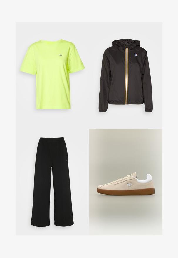 Black lightweight jacket with a hood, features a central zipper with red, yellow, and white stripes, and a logo on the left chest.; Lacoste Basic T-shirt - firefly; Black wide-leg pants with an elastic waistband. Made from a soft, lightweight material. Features vertical seams along the front.; Beige suede sneaker with white accents and rubber sole. Features a raised logo on the side and contrasting beige laces. Classic design.