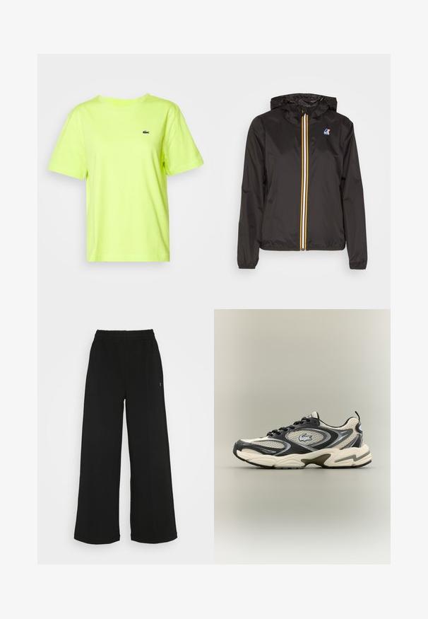 Čierna ľahká bunda s kapucňou, má stredný zips s červenými, žltými a bielymi pruhmi a logom na ľavom prsníku.; Lacoste Základné tričko - firefly; Čierne široké nohavice s elastickým pásom. Vyrobené z mäkkého, ľahkého materiálu. Obsahujú vertikálne švy po prednej strane.; Čierne a béžové sieťované tenisky majú polstrovaný golier, textúrovaný zvršok a výrazné logo na boku. Elegantný dizajn s zakrivenou podrážkou.