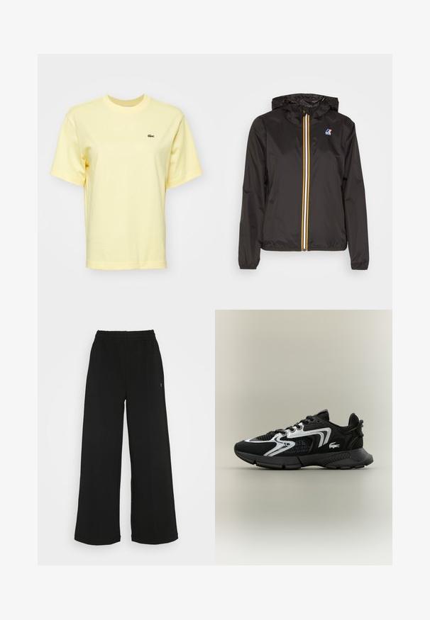 Fekete, könnyű dzseki kapucnival, középső cipzárral, piros, sárga és fehér csíkokkal, valamint logóval a bal mellen.; Világos sárga pamut póló rövid ujjakkal. Az apró zöld krokodil logó a bal mellen található. Klasszikus kerek nyakú fazon.; Fekete, bőszárú nadrág rugalmas derékrésszel. Puha, könnyű anyagból készült. Elülső részén vertikális varrásokkal rendelkezik.; Fekete sportcipők hálós betétekkel, ezüst díszítésekkel és textúrált fekete borítással. Fűzővel és ívelt, masszív talppal rendelkezik.