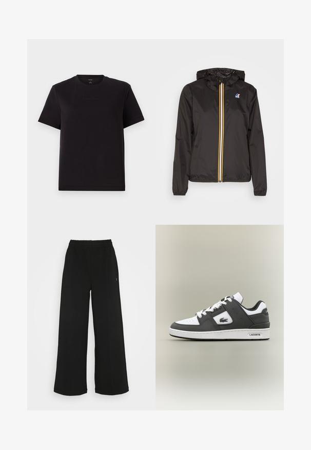 Črna lahka jakna z kapuco, ima osrednji zadrgo z rdečimi, rumenimi in belimi črtami ter logotipom na levi prsni strani.; Črna bombažna majica s kratkimi rokavi, krojačkim ovratnikom in subtilnim vezenim logotipom Calvin Klein na prsih. Gladka tekstura, sproščen kroj.; Črne široke hlače s elastičnim pasom. Narejene so iz mehkega, lahko materiala. Imajo vertikalne šive spredaj.; Črno-bele Lacoste superge z belimi vezalkami, perforirano konico, krokodilovim logotipom na strani in blagovno znamko na podplatu na nevtralni podlagi.