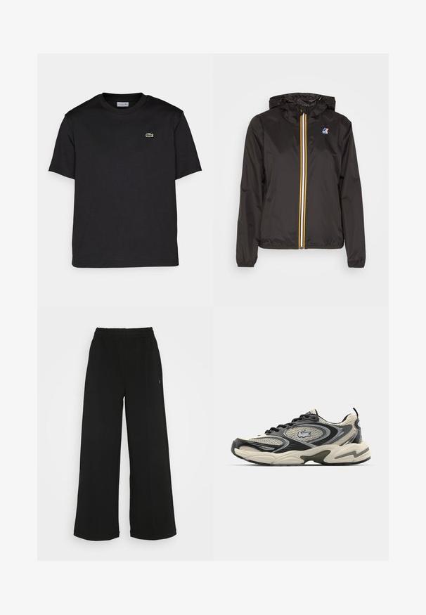 Jachetă ușoară neagră cu glugă, cu un fermoar central și dungi roșii, galbene și albe, și un logo pe partea stângă a pieptului.; Tricou din bumbac negru cu guler rotund, mâneci scurte și un mic logo brodat verde pe partea stângă a pieptului. Design simplu.; Pantaloni negri cu picioare largi, cu un cordon elastic la talie. Realizați dintr-un material moale și ușor. Prezintă cusături verticale pe față.; Pantof cu design sportiv, de culoare neagră și crem, cu un superior din plasă, detalii texturate, talpă groasă și un sistem de șireturi proeminent. Prezintă logo-ul Lacoste.