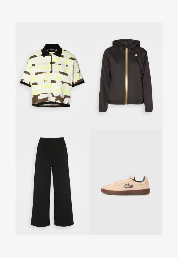 Black lightweight jacket with a hood, features a central zipper with red, yellow, and white stripes, and a logo on the left chest.; Short-sleeve polo shirt in a lightweight fabric featuring a bright yellow, brown, and gray abstract pattern, with a black collar and zip closure.; Black wide-leg pants with an elastic waistband. Made from a soft, lightweight material. Features vertical seams along the front.; Lacoste BASESHOT - Trainers - beige