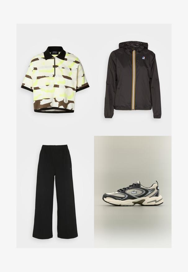 Svart lett jakke med hette, har en sentral glidelås med røde, gule og hvite striper, samt en logo på venstre bryst.; Kortsleeve polo-skjorte laget av et lett stoff, med et lyst gult, brunt og grått abstrakt mønster, sort krage og glidelås-lukking.; Svarte vide bukser med elastisk midjebånd. Laget av et mykt og lett materiale. Har vertikale sømmer langs fronten.; Svart og beige mesh joggesko har en polstret krage, teksturert overdel og en fremtredende logo på siden. Strømlinjeformet design med buet såle.