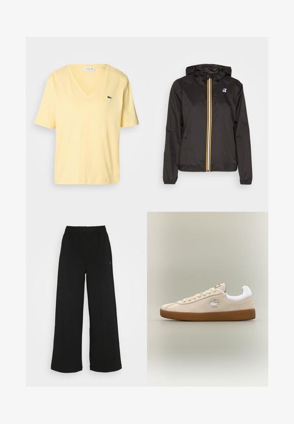 Čierna ľahká bunda s kapucňou, má stredný zips s červenými, žltými a bielymi pruhmi a logom na ľavom prsníku.; Žlté bavlnené tričko s krátkymi rukávmi, s dizajnom V-výstrihu a malým zeleným logom Lacoste na ľavej hrudi. Hladká textúra a jednoduchý štýl.; Čierne široké nohavice s elastickým pásom. Vyrobené z mäkkého, ľahkého materiálu. Obsahujú vertikálne švy po prednej strane.; Béžové semišové tenisky s bielymi akcentmi a gumovou podrážkou. Vyznačujú sa vystúpeným logom na boku a kontrastnými béžovými šnúrkami. Klasický dizajn.