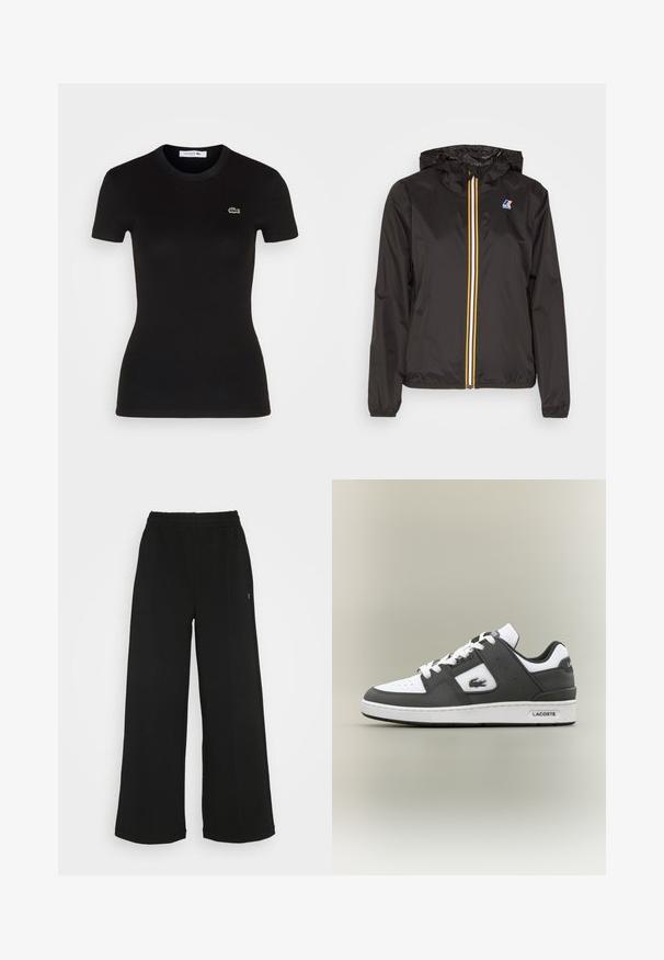 Fekete, könnyű dzseki kapucnival, középső cipzárral, piros, sárga és fehér csíkokkal, valamint logóval a bal mellen.; Fekete bordázott rövid ujjú póló, kerek nyakkivágással, bal mellrészen egy kisebb zöld Lacoste krokodil logóval.; Fekete, bőszárú nadrág rugalmas derékrésszel. Puha, könnyű anyagból készült. Elülső részén vertikális varrásokkal rendelkezik.; Fekete-fehér Lacoste sneaker fehér fűzőkkel, perforált orral, krokodil logóval az oldalán, és márkázott talppal egy semleges háttéren.